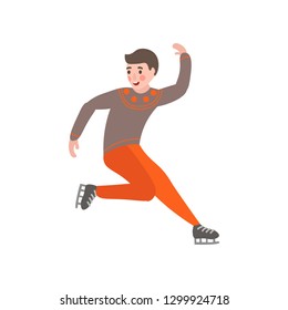 Young cute boy skates in beautiful warm clothes making figures.