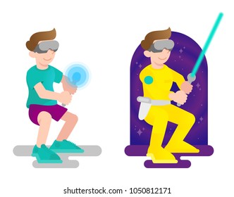 Young cute boy in virtual reality glasses keep game joystick like space laser sword for adventure in open space. Modern technology. Modern vector style illustration flat design cartoon character.