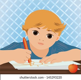 Young cute boy writing sun in a school notebook, vector illustration