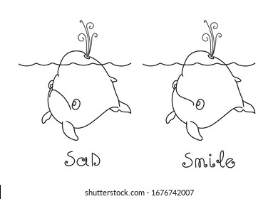 young cute cachalot whale with baby face, smile & sad emotion, words, for logo or emblem, vector illustration with black contour lines isolated on white background in cartoon and hand drawn style