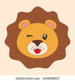 Young cute cartoon head lion. Modern flat poster for prints, kids cards, t-shirts and other. Vector illustration. Greeting card.