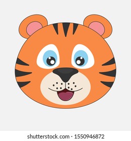 Young cute cartoon head tiger. Modern flat poster for prints, kids cards, t-shirts and other. Vector illustration. Greeting card.