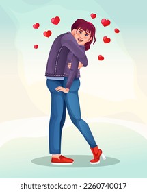 Young cute couple in love hugging each other on hug day, enjoying valentine's day. Illustration for banner, poster, card, postcard, landing page, label, sticker, blogging and promotional materials.
