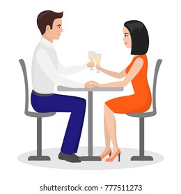 Young cute couple is sitting at table opposite each other. Man and woman are holding glasses with drink and celebrating holiday. Vector isolated illustration