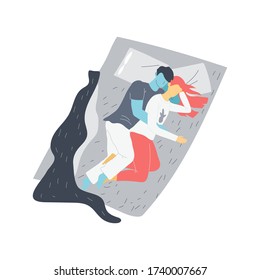 Young Cute Couple, Spouses, Man And Woman Lying On A Bed. Lovers Carefully Embrace Each Other, Dream, Sleep. Colorful Vector Illustration In Flat Cartoon Style On A White Background