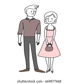 Young and cute couple standing together ready for date night. Vector illustration with hand-drawn style.