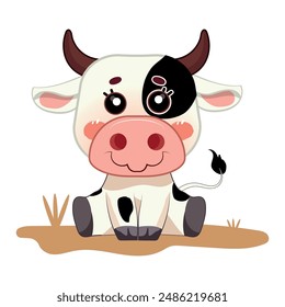 Young cute cow. Baby cow. Sweet adorable creature smiles friendly. Vector graphics, illustration for children.