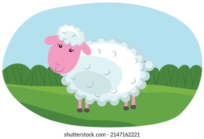 Young cute curly sheep. Cartoon character lamb on green lawn landscape. Template of cute farm animal. Education card for kids learning animals. Suitable for decoration and design in cartoon style