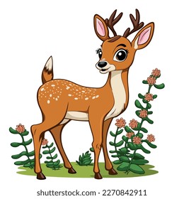 Young cute deer. Baby deer. Vector graphics. Illustration for children. Smiling nice animal.