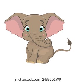 Young cute elephant. Baby elephant. Vector graphics. Illustration for children. Smiling nice animal.