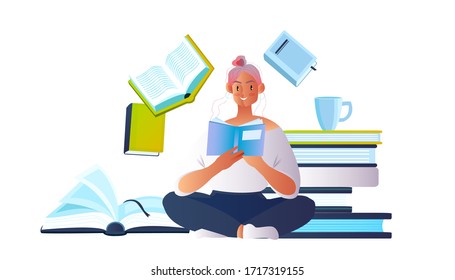 Young cute female character reading book at home. Beautiful woman in lotus position surrounded by books. Love reading concept isolated on white in flat style. Vector illustration with cheerful student