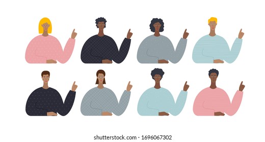 Young cute female male characters portrait pointing finger. People student concept vector illustration cartoon style. Simple flat clip art presentation, instruction, postcard, sticker, design project.