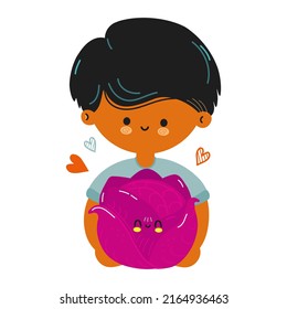 Young cute funny boy hold red cabbage in hand. Young beautiful boy hugs cute red cabbage. Vector hand drawn doodle style cartoon character illustration icon design. Isolated on white background