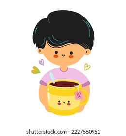 Young cute funny boy hold yellow cup of tea in hand. Young boy hugs cute yellow cup of tea. Vector hand drawn doodle style cartoon character illustration icon design. Isolated on white background