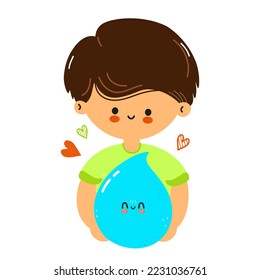 Young cute funny boy hold water drop in hand. Young boy hugs cute water drop. Vector hand drawn doodle style cartoon character illustration icon design. Isolated on white background