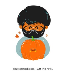 Young cute funny boy hold pumpkin in hand. Young beautiful boy hugs cute pumpkin. Vector hand drawn doodle style cartoon character illustration icon design. Isolated on white background