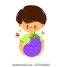 Young cute funny boy hold eggplant in hand. Young boy hugs cute eggplant. Vector hand drawn doodle style cartoon character illustration icon design. Isolated on white background