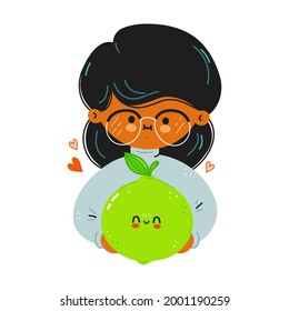 Young cute funny girl hold lime in hand. Young woman hugs cute lime. Isolated on white background. Vector hand drawn doodle style cartoon character illustration icon design