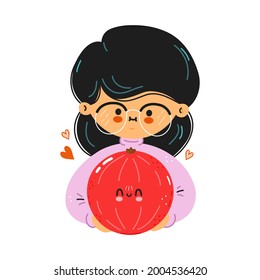 Young cute funny girl hold red currants in hand. Young woman hugs cute red currants. Vector hand drawn doodle style cartoon character illustration icon design. Isolated on white background