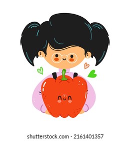 Young cute funny girl hold red pepper in hand. Happy girl hugs cute red pepper. Vector hand drawn doodle style cartoon character illustration icon design. Isolated on white background
