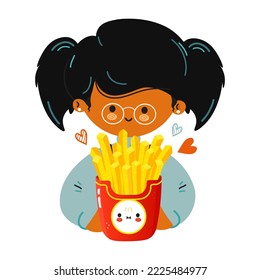Young cute funny girl hold french fries in hand. Happy girl hugs cute french fries. Vector hand drawn doodle style cartoon character illustration icon design. Isolated on white background