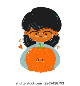 Young cute funny girl hold pumpkin in hand. Happy girl hugs cute pumpkin. Vector hand drawn doodle style cartoon character illustration icon design. Isolated on white background