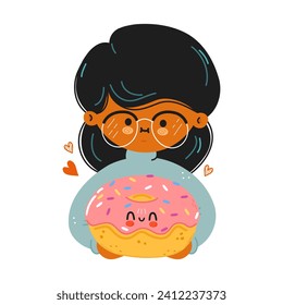 Young cute funny girl hold Donut in hand. Happy girl hugs cute Donut. Vector hand drawn doodle style cartoon character illustration icon design. Isolated on white background