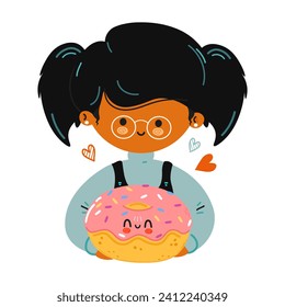 Young cute funny girl hold Donut in hand. Happy girl hugs cute Donut. Vector hand drawn doodle style cartoon character illustration icon design. Isolated on white background