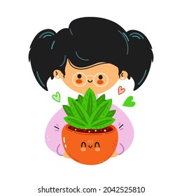 Young cute funny little girl hold indoor plant. Little girl hugs cute indoor plant. Isolated on white background