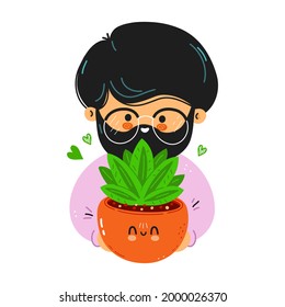 Young cute funny man hold indoor plant in hand. Young man hugs cute indoor plant. Isolated on white background