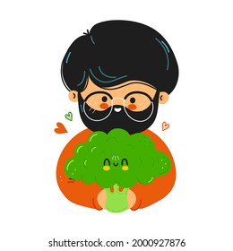 Young cute funny man hold broccoli in hand. Young man hugs cute broccoli. Isolated on white background. Vector hand drawn doodle style cartoon character illustration icon design