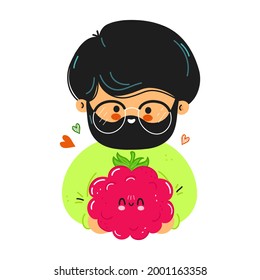 Joven lindo y gracioso hombre sostiene frambuesas en la mano. Un joven abraza frambuesas lindas. Aislado sobre fondo blanco. Diseño de iconos de ilustración de caricaturas con estilo de doodle dibujado a mano por vectores