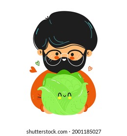 Young cute funny man hold white cabbage in hand. Young man hugs cute white cabbage. Isolated on white background. Vector hand drawn doodle style cartoon character illustration icon design