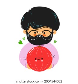 Young cute funny man hold red currants in hand. Young man hugs cute red currants. Vector hand drawn doodle style cartoon character illustration icon design. Isolated on white background