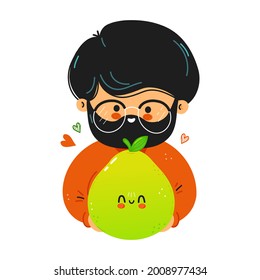 Young cute funny man hold pomelo in hand. Young man hugs cute pomelo. Vector hand drawn doodle style cartoon character illustration icon design. Isolated on white background