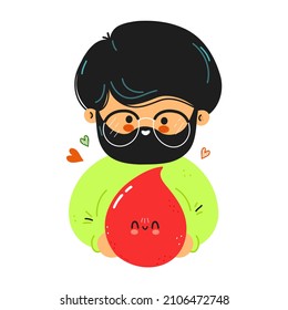 Young cute funny man hold blood drop in hand. Blood donor hugs cute blood drop. Vector hand drawn doodle style cartoon character illustration icon design. Isolated  white background