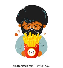Jóvenes lindos hombres graciosos sostienen patatas fritas en la mano. Un niño hermoso abraza a las lindas papas fritas. Diseño de iconos de ilustración de caricaturas con estilo de doodle dibujado a mano por vectores. Aislado sobre fondo blanco
