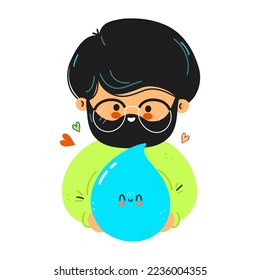 Young cute funny men hold water drop in hand. Young boy hugs cute water drop. Vector hand drawn doodle style cartoon character illustration icon design. Isolated on white background