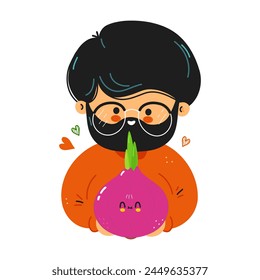 Young cute funny men hold red onion in hand. Young beautiful boy hugs cute onion. Vector hand drawn doodle style cartoon character illustration icon design