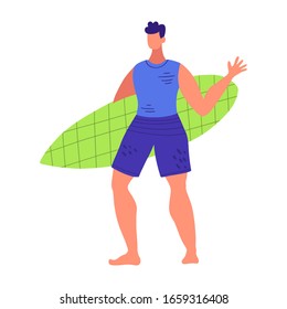 Young cute funny people surfers. Men in swimsuits with surfboards in various poses and clothes. Colorful simple flat cartoon style. Isolated vector illustration.
