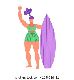 Young cute funny people surfers. Women in swimsuits with surfboards in various poses and clothes. Colorful simple flat cartoon style. Isolated vector illustration.