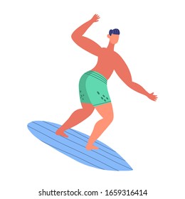 Young cute funny people surfers. Men in swimsuits with surfboards in various poses and clothes. Colorful simple flat cartoon style. Isolated vector illustration.