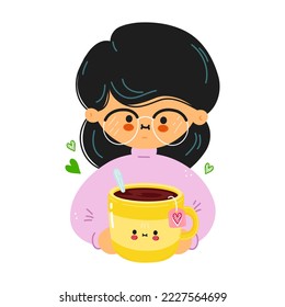 Young cute funny woman hold yellow cup of tea in hand. Girl hugs cute yellow cup of tea. Vector hand drawn doodle style cartoon character illustration icon design. Isolated on white background