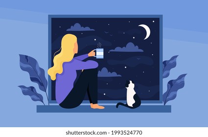 Young cute girl with cat sitting on the windowsill at hight, drinks tea or coffee and looking through window at the moon. Relaxation, thinking, meditating concept. Flart cartoon vector illustration