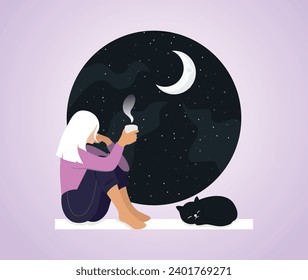 Young cute girl with cat sitting on the windowsill at hight, drinks tea or coffee and looking through window at the moon. Relaxation, thinking, medita