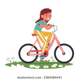 Young Cute Girl Character With A Beaming Smile, Pedals Her Colorful Bicycle Down The Sunlit Path, Her Pigtails Dancing In Summer Breeze Radiating Pure Childhood Joy. Cartoon People Vector Illustration