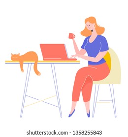 Young cute girl character sitting at the desk. She works with a laptop, drinks coffee, a red cat is lies near. Female freelancer, student, surf the Internet. Vector illustration.