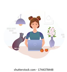 Young cute girl character sitting at the desk. She works with a laptop, drinks coffee, a red cat is lies near. Female freelancer, student, surf the Internet. Vector illustration.