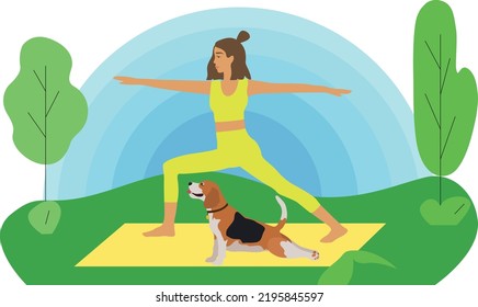 A young cute girl with a dog is doing yoga in the park. Happy pet owner. Flat vector illustration. Charming beagle. Active recreation concept. Dog is man's best friend. outdoor sports