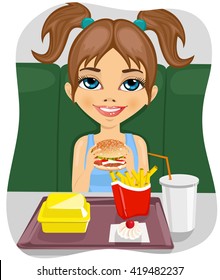 young cute girl eating burger with french fries